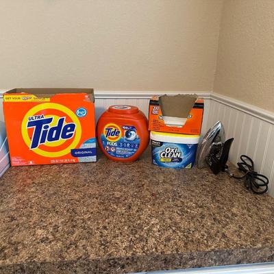 DURABILT IRON, TIDE LAUNDRY DETERGENT, OXI CLEAN VERSATILE STAIN REMOVER POWDER AND FABRIC SOFTENER SHEETS