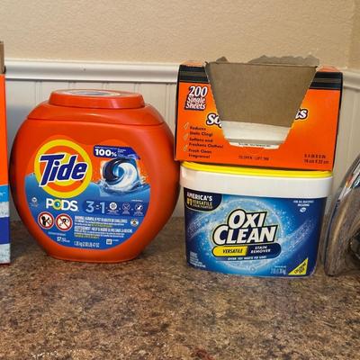 DURABILT IRON, TIDE LAUNDRY DETERGENT, OXI CLEAN VERSATILE STAIN REMOVER POWDER AND FABRIC SOFTENER SHEETS