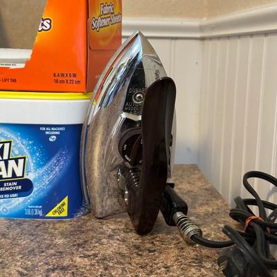 DURABILT IRON, TIDE LAUNDRY DETERGENT, OXI CLEAN VERSATILE STAIN REMOVER POWDER AND FABRIC SOFTENER SHEETS