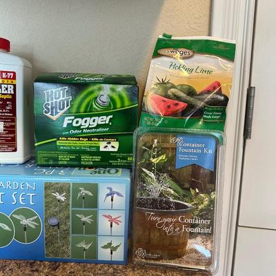 3 PIECE SOLAR GARDEN LIGHT SET, INSECT REPELLENT CANDLES, HOT SHOT INSECT FOGGER, CONTAINER FOUNTAIN KIT AND MORE