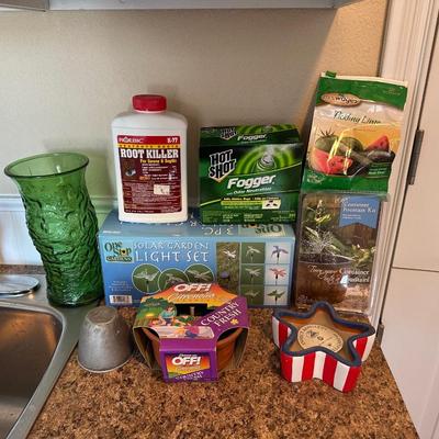 3 PIECE SOLAR GARDEN LIGHT SET, INSECT REPELLENT CANDLES, HOT SHOT INSECT FOGGER, CONTAINER FOUNTAIN KIT AND MORE