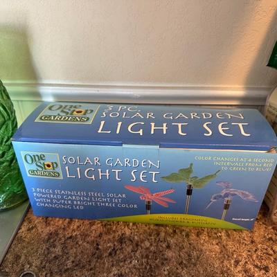 3 PIECE SOLAR GARDEN LIGHT SET, INSECT REPELLENT CANDLES, HOT SHOT INSECT FOGGER, CONTAINER FOUNTAIN KIT AND MORE