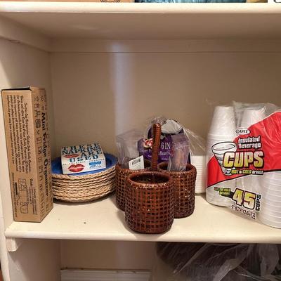 WICKER 3 SECTION BASKET, PAPER PLATE WICKER HOLDERS, DISPOSABLE CUPS AND SMALL PLATES PLUS MORE