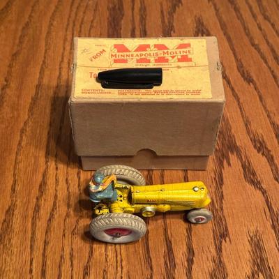 MINNEAPOLIS MOLINE DIECAST TOY TRACTOR & TIN LITHO FRICTION TRAIN