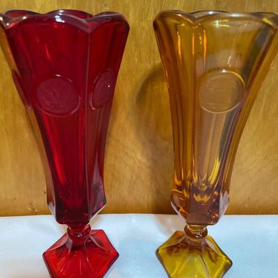 Fostoria Amber and red coin dot vases