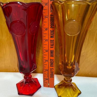 Fostoria Amber and red coin dot vases