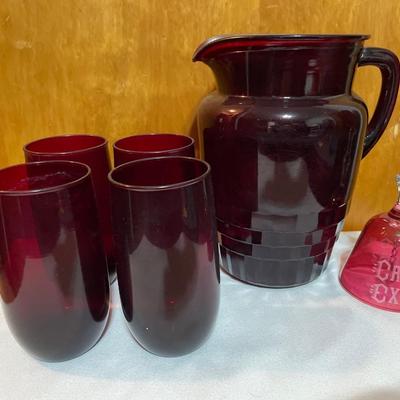 Ruby, red pitcher and four glass set