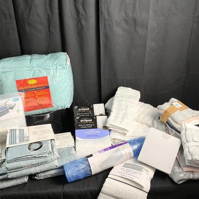 Lot T 602 NIB Sage Colored Flannel Sheet Set, NIB Regent Court Room Darkening Panels, NIB White Room Darkening Panels and more