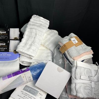 Lot T 602 NIB Sage Colored Flannel Sheet Set, NIB Regent Court Room Darkening Panels, NIB White Room Darkening Panels and more