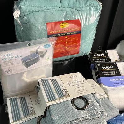 Lot T 602 NIB Sage Colored Flannel Sheet Set, NIB Regent Court Room Darkening Panels, NIB White Room Darkening Panels and more