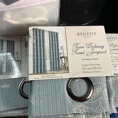 Lot T 602 NIB Sage Colored Flannel Sheet Set, NIB Regent Court Room Darkening Panels, NIB White Room Darkening Panels and more