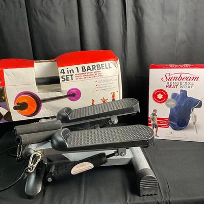 Lot U 605 NIB 4 in 1 Barbell Set / Sunbeam Renuw XXL Heat Wrap / Stair Stepper