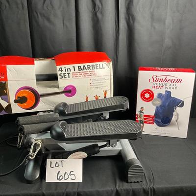 Lot U 605 NIB 4 in 1 Barbell Set / Sunbeam Renuw XXL Heat Wrap / Stair Stepper