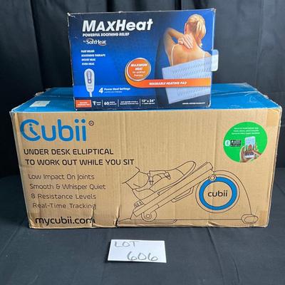 Lot U 606 NIB Cubii Under Desk Elliptical & NIB Max Heat, Heating Pad