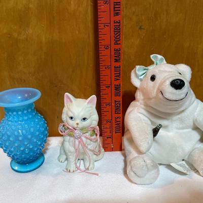 Coca-Cola bear with blue eyed kitty and blue nail vase