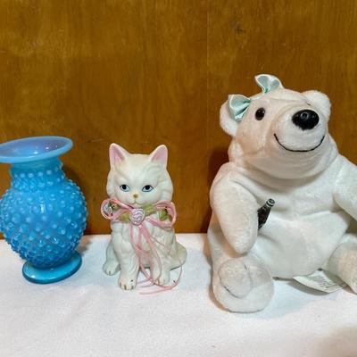 Coca-Cola bear with blue eyed kitty and blue nail vase