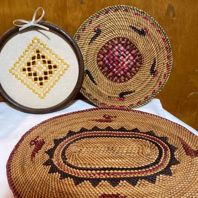 Wicker baskets and mats along with Hummel angel bell