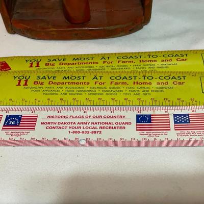 Vintage scoop, iron and rulers