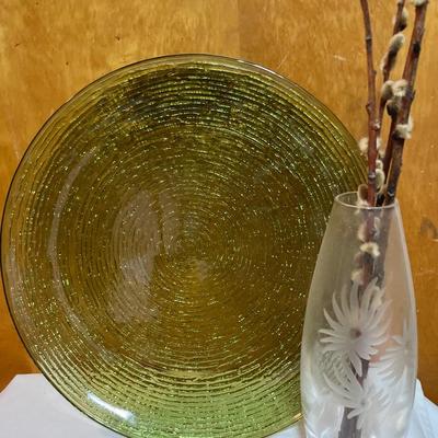 Green glass platter and etched vase