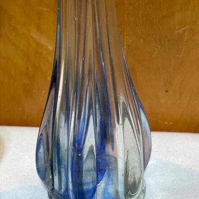 Green Brody vase and clear with blue swirl vase