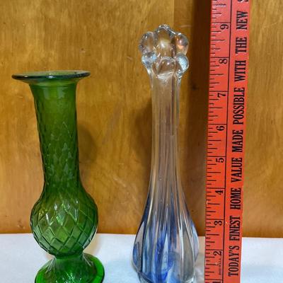 Green Brody vase and clear with blue swirl vase