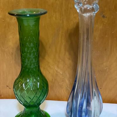 Green Brody vase and clear with blue swirl vase