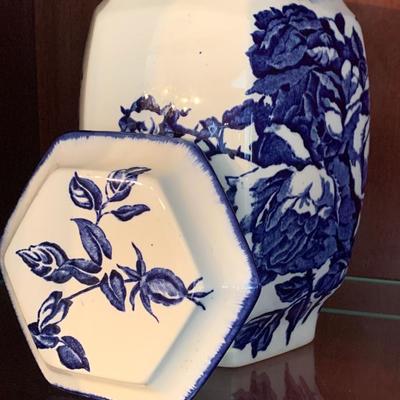 Blue Staffordshire England Ironstone Covered Tea Caddy