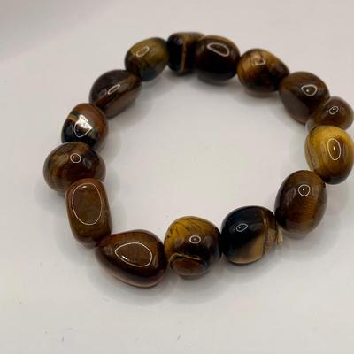 LOT 3: Collection of Tiger-eye Beaded Jewelry: 24" Strand of Tiger-eye Beads, Matching Stretch Bracelet, Pierced Earrings w 14k Gold...