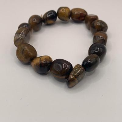 LOT 3: Collection of Tiger-eye Beaded Jewelry: 24" Strand of Tiger-eye Beads, Matching Stretch Bracelet, Pierced Earrings w 14k Gold...