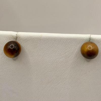 LOT 3: Collection of Tiger-eye Beaded Jewelry: 24" Strand of Tiger-eye Beads, Matching Stretch Bracelet, Pierced Earrings w 14k Gold...