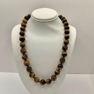LOT 3: Collection of Tiger-eye Beaded Jewelry: 24" Strand of Tiger-eye Beads, Matching Stretch Bracelet, Pierced Earrings w 14k Gold...