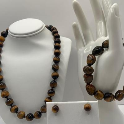 LOT 3: Collection of Tiger-eye Beaded Jewelry: 24" Strand of Tiger-eye Beads, Matching Stretch Bracelet, Pierced Earrings w 14k Gold...