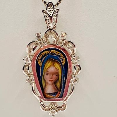 LOT 6: Hand Painted Madonna Pendant Set in 925 Silver with Cubic Zirconia on a 20" 925 Silver Chain