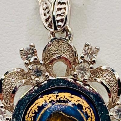 LOT 6: Hand Painted Madonna Pendant Set in 925 Silver with Cubic Zirconia on a 20" 925 Silver Chain