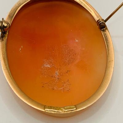LOT 10: Piece of New Old Stock - "The Three Graces" - Carved Shell Cameo Pendant Brooch Set in 14K Italy Gold