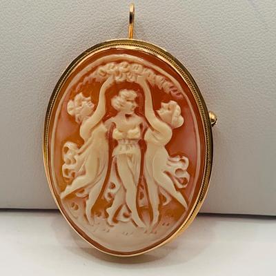 LOT 10: Piece of New Old Stock - "The Three Graces" - Carved Shell Cameo Pendant Brooch Set in 14K Italy Gold