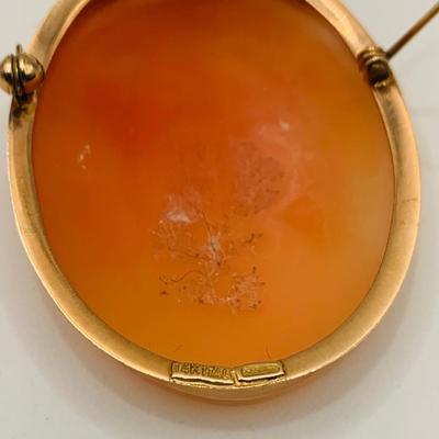 LOT 10: Piece of New Old Stock - "The Three Graces" - Carved Shell Cameo Pendant Brooch Set in 14K Italy Gold