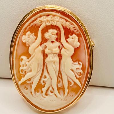 LOT 10: Piece of New Old Stock - "The Three Graces" - Carved Shell Cameo Pendant Brooch Set in 14K Italy Gold