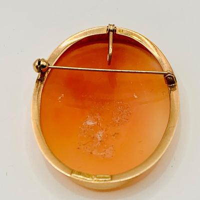 LOT 10: Piece of New Old Stock - "The Three Graces" - Carved Shell Cameo Pendant Brooch Set in 14K Italy Gold