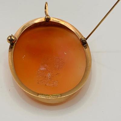 LOT 10: Piece of New Old Stock - "The Three Graces" - Carved Shell Cameo Pendant Brooch Set in 14K Italy Gold