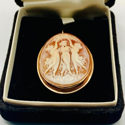 LOT 10: Piece of New Old Stock - "The Three Graces" - Carved Shell Cameo Pendant Brooch Set in 14K Italy Gold