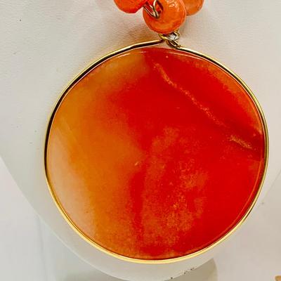 LOT 15: Vintage Orange Onyx Mayan/Aztec Medallion 2 1/4" Pendant on a 24" Long Beaded Necklace and More