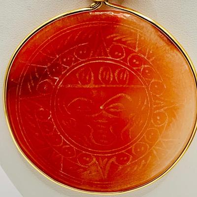 LOT 15: Vintage Orange Onyx Mayan/Aztec Medallion 2 1/4" Pendant on a 24" Long Beaded Necklace and More