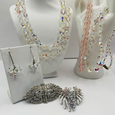 LOT18: Vintage Crown Trifari Silvertone Rodium Plated Clear Crystal Brooch, Rhinestone Duet Brooch/ Shoe Clip, Bead Necklaces and Earrings