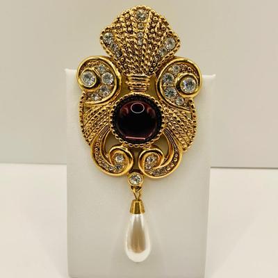 LOT:20: Jeff Lieb Purple Cabochon Pearl Drop Brooch and More Jeweled Pins and Brooches