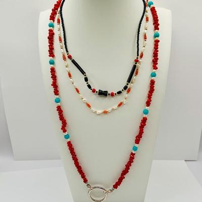 LOT 21: Colorful Collection of Beaded Necklaces, Branch Coral Necklaces, 925 Gold and Coral Pin and Fresh Water Pearl Necklaces and More