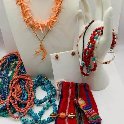 LOT 21: Colorful Collection of Beaded Necklaces, Branch Coral Necklaces, 925 Gold and Coral Pin and Fresh Water Pearl Necklaces and More