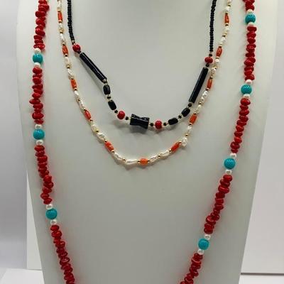 LOT 21: Colorful Collection of Beaded Necklaces, Branch Coral Necklaces, 925 Gold and Coral Pin and Fresh Water Pearl Necklaces and More