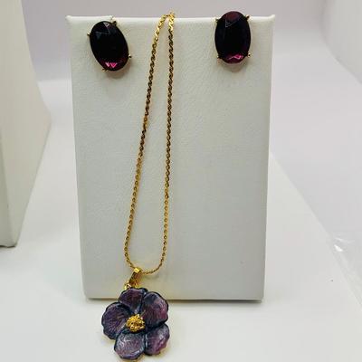 LOT 22: Collection of Deep Purple Beaded Necklaces, Purple Earrings, Pansy Pendant Necklace and More