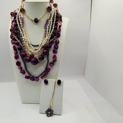 LOT 22: Collection of Deep Purple Beaded Necklaces, Purple Earrings, Pansy Pendant Necklace and More
